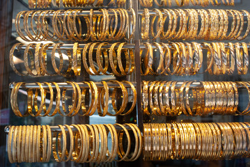 Golden bracelets in a jewelry shop in Istanbul