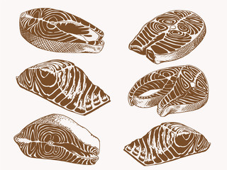 Graphical vintage set of salmon slices , retro background,vector illustration