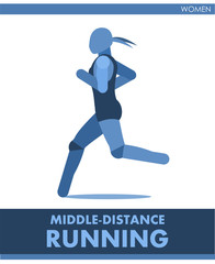 Middle-distance running. Women. Run. Athletics. Cross-country sports; racing competition. The symbolic image of a girl. One of a series. Feminine. International sports. Vector. Isolated on a white.