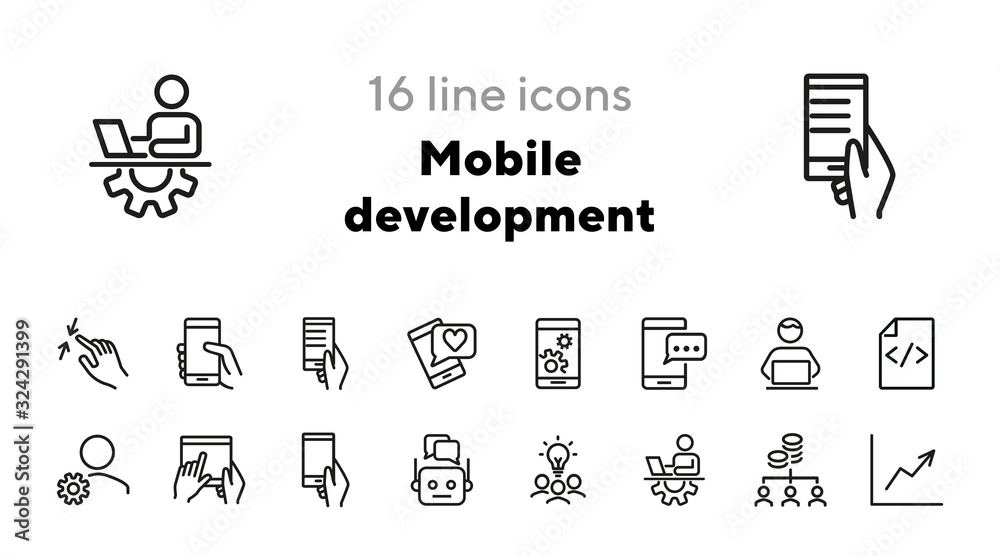 Poster mobile development line icon set. mobile phone, using digital tablet, technician. information techno