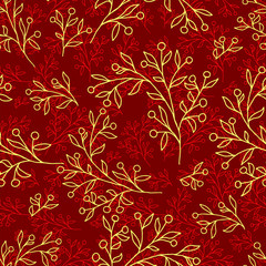 cute twigs with berries and yellow leaves and scarlet color on a dark background seamless vector illustration