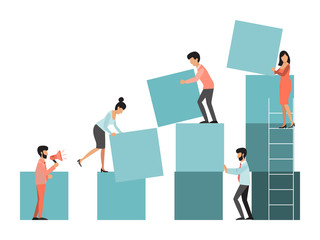 Work team people building cubes vector illustration. Business people above a stacked cubes.Teamwork, cooperation, partnership concept. Human build cube construction, business metaphor.