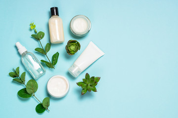 Skin care product, natural cosmetic flat lay.