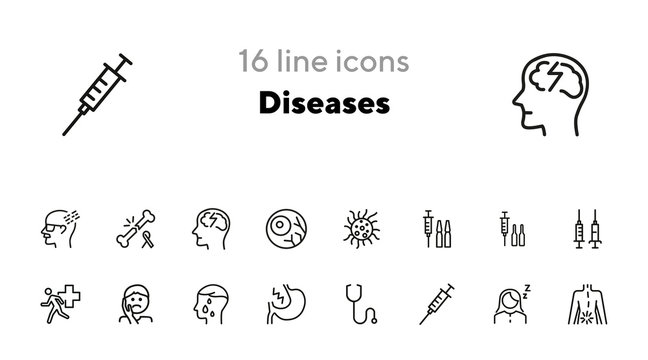 Diseases line icon set. Set of line icons on white background. Healthcare concept. Syringe, injection, bacteria, person, pain. Vector illustration for topics like medicine, health, treatment