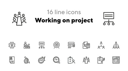 Working on project line icon set. Capital, team, deadline, meeting. Business concept. Can be used for topics like startup, investment, teamwork, loan