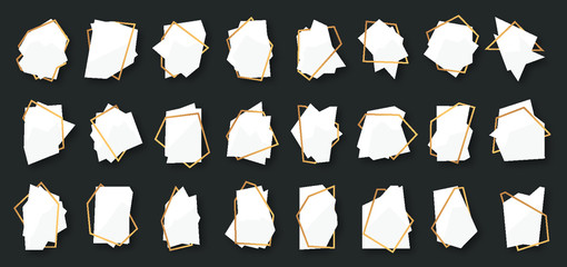 Abstract polygonal geometric white banner with gold line frame set. Empty template for any design. card text. Luxury decorative modern polyhedron frame element isolated vector illustration