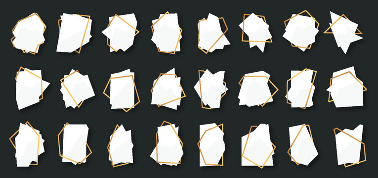 Abstract polygonal geometric white banner with gold line frame set. Empty template for any design. card text. Luxury decorative modern polyhedron frame element isolated vector illustration