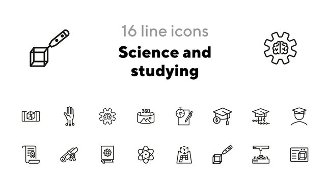 Science and studying icons. Set of line icons on white background. Bachelor, diploma, student. Education concept. Vector illustration can be used for topics like university, graduation, finals