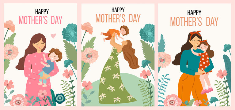 Happy Mothers Day. Collection of spring cards. Vector illustration with woman and her child. Beautiful template. Can be used for banner, poster, card, postcard and printable.