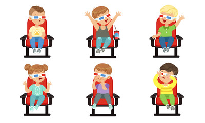 Cute Emotional Kids Watching Movie with 3D Glasses While Eating Popcorn and Drinking Soda Drink, Boys and Girls Sitting in the Cinema Vector Illustration on White Background