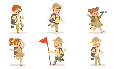 Collection of Cute Kids Scouts Camping, Adorable Boys and Girls in Uniform with Hiking Equipment Vector Illustration on White Background
