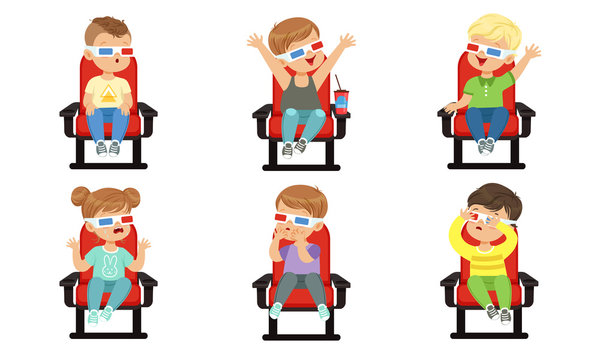 Cute Emotional Kids Watching Movie with 3D Glasses While Eating Popcorn and Drinking Soda Drink, Boys and Girls Sitting in the Cinema Vector Illustration on White Background