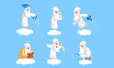 Funny Elderly Male Angel Character in Different Situations Collection, Activity of Holy Old Man on Heaven Vector Illustration