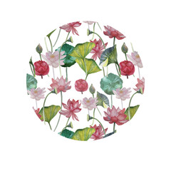 Lotus flowers. Hand-drawn watercolor illustration. Sketch, doodle. Lake, meditation, oriental style. Plants nature, flowering, flora, spa, botany. Pink color