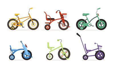 Kids Bicycles Collection, Childrens Colorful Bikes Vector Illustration on White Background