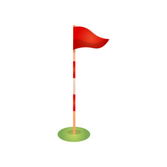 Red golf flag pole with marks and wind direction