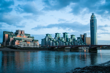 Fototapeta na wymiar MI6 building and St George Wharf buildings and Tower, Vauxhall, London UK