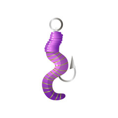 Purple rubber worm fishing bait on steel hook