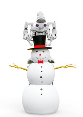 friendly robot is building a snow man in white background front view