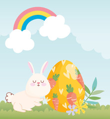 happy easter white bunny egg painting with carrots in grass