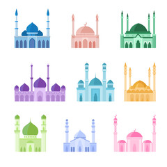 Colorful mosque buildings vector icons set. Vector illustration on white background