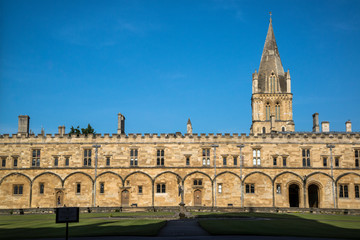 Fototapeta na wymiar Christ Church College, central quadrangle and Cathedral spire, Oxford, England, UK