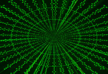 Digital binary data tunnel and binary code streaming on the black background.