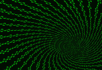 Digital binary data tunnel and binary code streaming on the black background.