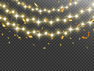 Christmas lights isolated on transparent background. Golden confetti. Vector illustration