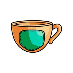 Gold hipster style cup with hot coffee and green emblem