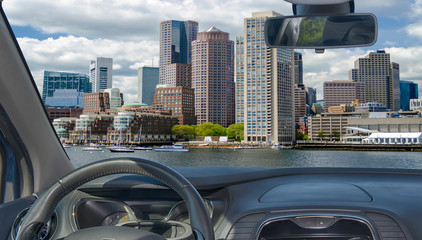 Fototapeta na wymiar Car windshield with view of the Boston skyline, USA