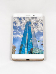 Modern smartphone displaying full screen picture of skyscraper, Boston, USA