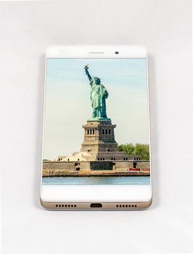Smartphone displaying picture of Statue of Liberty, New York, USA