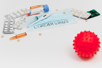Novel coronavirus - 2019-nCoV. Protective medical mask and medicines, pills against the virus. Chinese coronavirus outbreak. MERS-Cov middle East respiratory syndrome coronavirus.