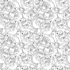Seamless pattern with black contour drawings of dinosaurs on a white background.