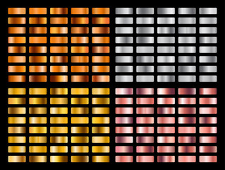 Gold, Silver, pink, orange metal gradient collection and gold foil texture set. Shiny vector sillustration for posters, brochure, invitation, wallpaper, flyers, banners.