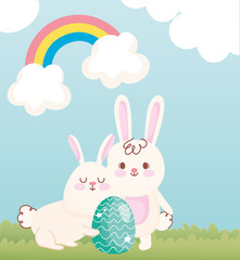 happy easter white bunnies with green egg in the field rainbow sky decoration