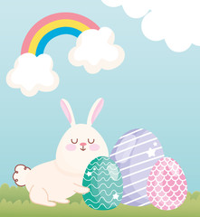 happy easter adorable bunny with eggs grass rainbow clouds