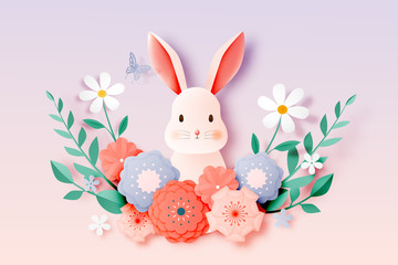Cutet rabbit and floral paper art