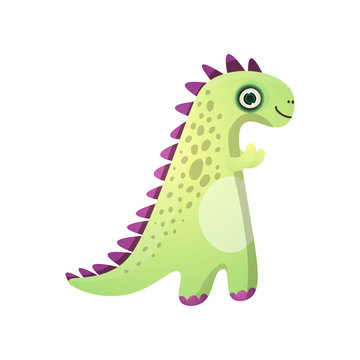 Cute green smiling dinosaur with violet plates from prehistoric