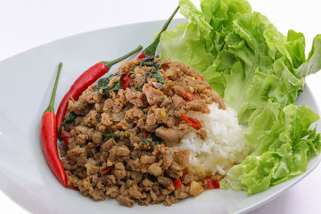 Rice topped with stir-fried pork and basil, Thai food