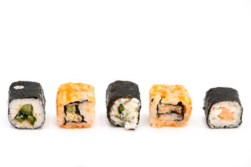 Close Up Of Various Types Of Japanese Fresh Prepared Sushi on white isolated background .