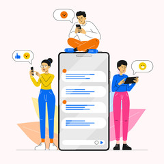 Social media concept. Young people are standing near by a huge smartphone and using own smartphones and tablet. Friends are chatting and texting. Modern vector character illustrations