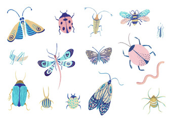 Fototapeta na wymiar Insects watercolor isolated on a white background. Embroidery fashion patch with insects illustration.