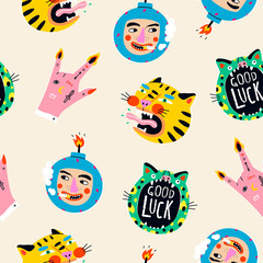 Naklejka premium Finger Horns gesture, Bomb with Cigarette, roaring Tiger, Green Leopard. Hand drawn trendy Vector illustrations. Comic, cartoon quirky style. Trendy design. Bright colors. Bizarre seamless pattern