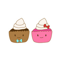cute brown and pink cup cake topped with cream character handdrawn vector