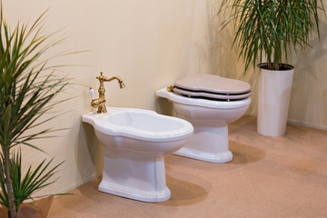 Clean and white toilet and bidet with gold-plated faucet in light bathroom. Beautiful bidet in...