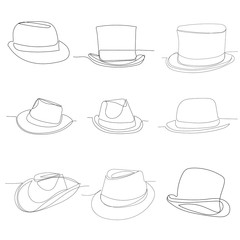 vector, on a white background, continuous line drawing, men's hat, set
