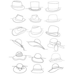 vector, on a white background, continuous line drawing, men's hat, set