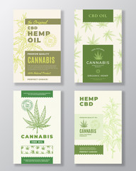 CBD Hemp Oil Abstract Vector Design Labels Bundle. Modern Typography and Hand Drawn Cannabis Plant Branch with Leaves Sketch Silhouettes Collection. Background Layout with Seamless Pattern.